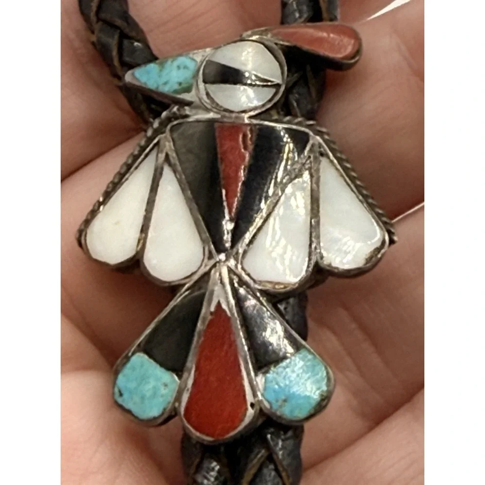 Vintage Native American Zuni Bolo Tie Thunderbird Turquoise Inlay Leather READ
